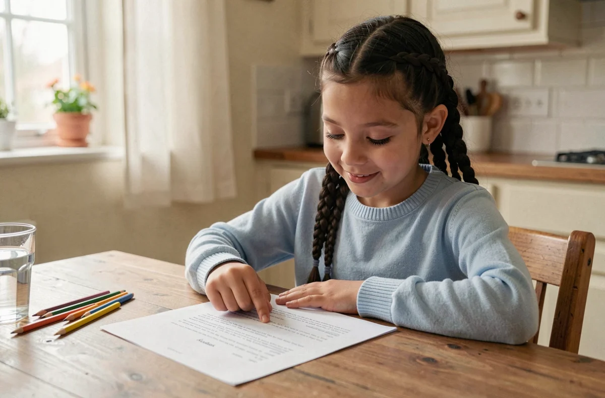 Petite fille de CE2 lisant une fiche de lecture imprimée à la table de la cuisine familiale