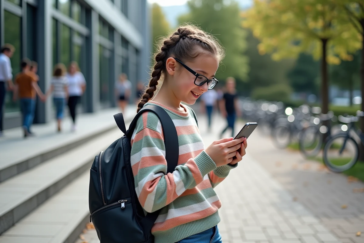 Fille dehors vérifiant ses résultats ASSR avec fierté
