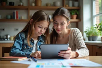 Fille et mère regardant des documents scolaires à la maison