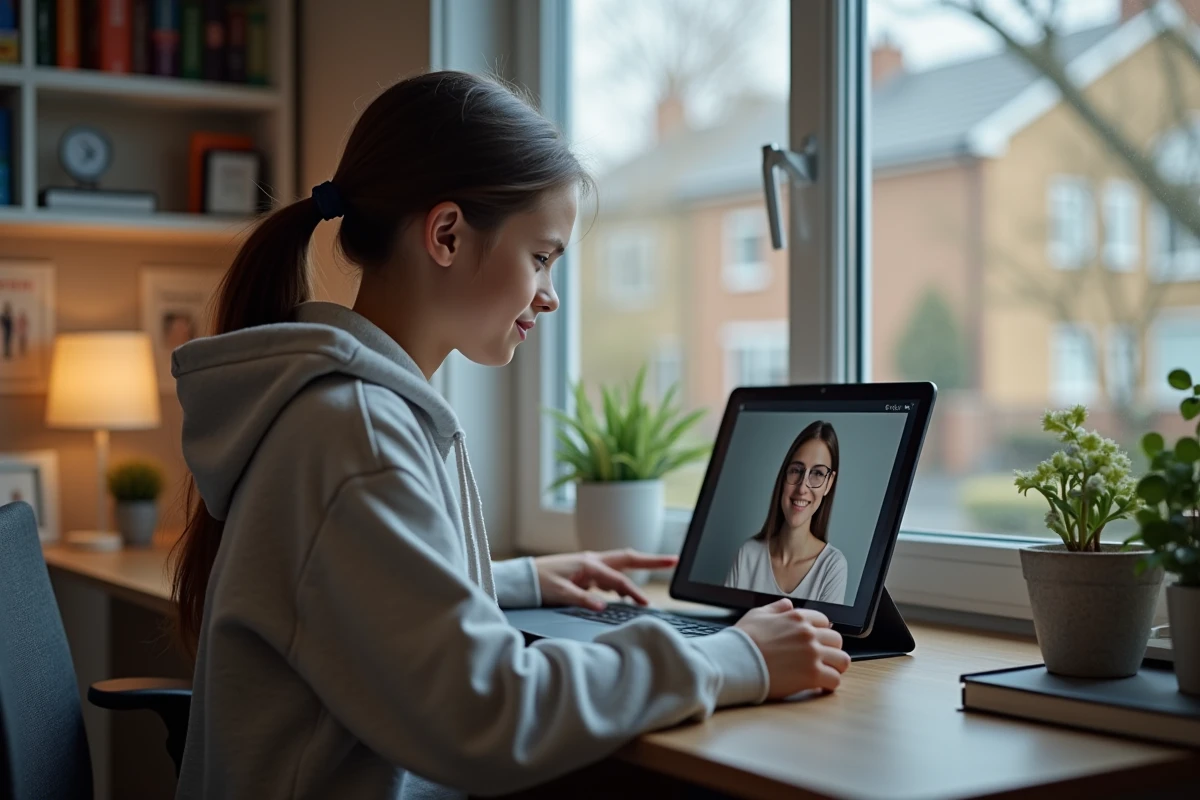 Fille adolescente en vidéo chat dans sa chambre