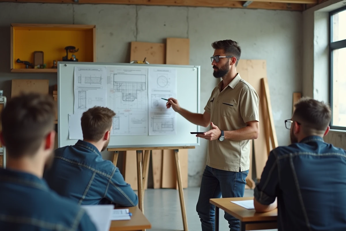 Formateur en bâtiment expliquant un plan technique à des stagiaires adultes dans une salle de formation professionnelle aux travaux de construction