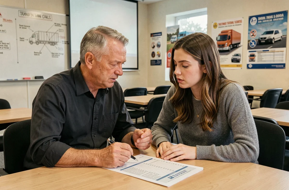 Formateur et stagiaire examinant ensemble le coût d'une formation FIMO dans une salle de cours professionnelle, avec des documents de financement CPF sur la table