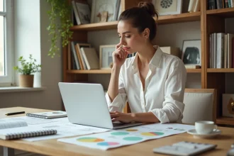 Femme en reconversion professionnelle suivant une formation en aménagement intérieur sur ordinateur portable avec des échantillons de couleurs et des plans