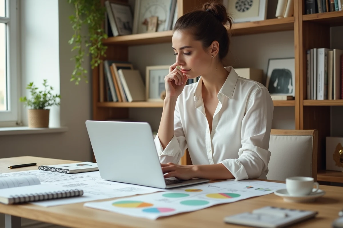 Femme en reconversion professionnelle suivant une formation en aménagement intérieur sur ordinateur portable avec des échantillons de couleurs et des plans