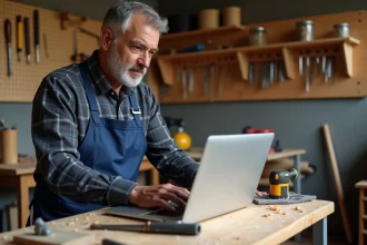 Homme adulte suivant une formation bricolage en ligne sur son établi dans un atelier maison bien équipé