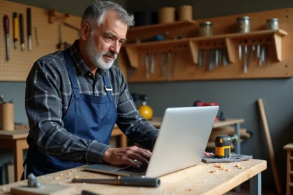 Homme adulte suivant une formation bricolage en ligne sur son établi dans un atelier maison bien équipé