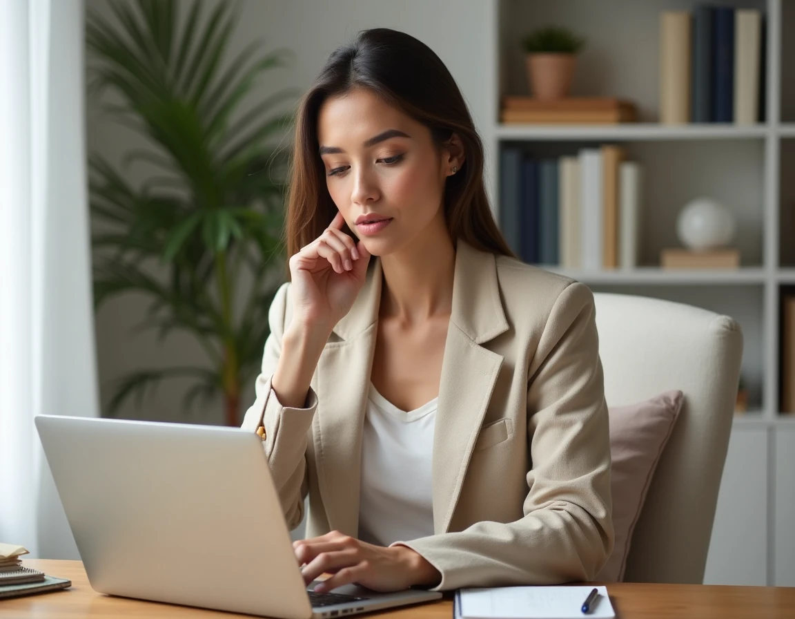 Femme consultant un site de formation décoration intérieure sur ordinateur portable dans un bureau à domicile moderne