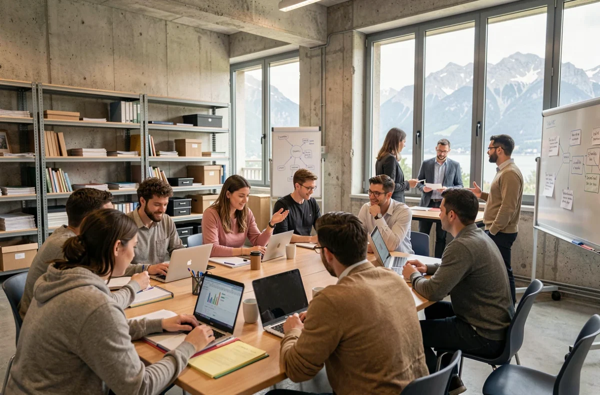 Groupe d'adultes en formation professionnelle dans un centre moderne de l'Isère, avec vue sur les montagnes de la Chartreuse