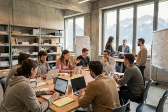 Groupe d'adultes en formation professionnelle dans un centre moderne de l'Isère, avec vue sur les montagnes de la Chartreuse