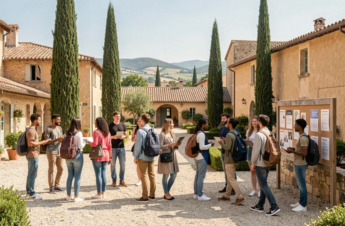 Groupe d'étudiants en alternance sur un campus universitaire ensoleillé en Provence-Alpes-Côte d'Azur