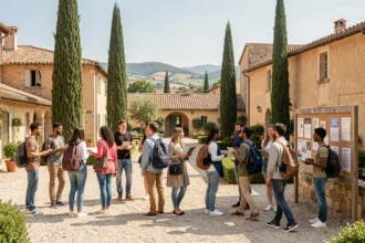 Groupe d'étudiants en alternance sur un campus universitaire ensoleillé en Provence-Alpes-Côte d'Azur