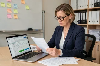 Formatrice analysant les documents administratifs liés à la conformité Formaxio dans un bureau professionnel