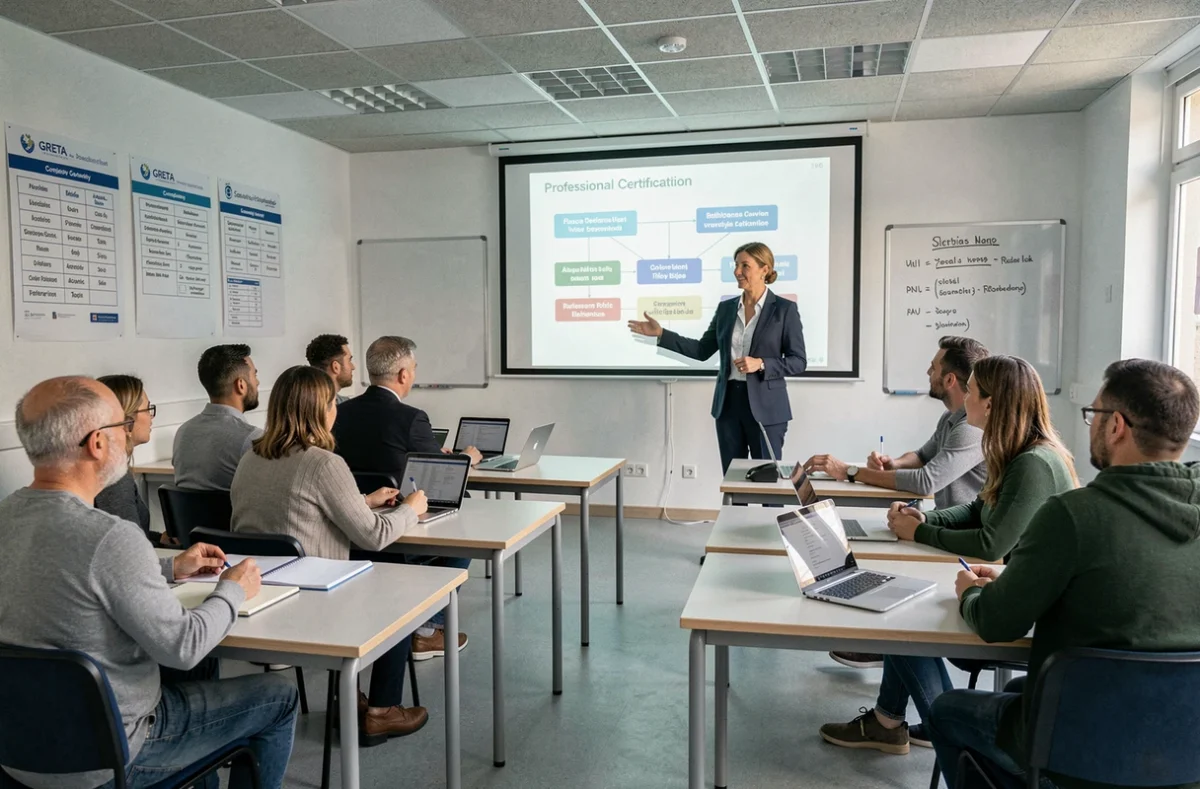 Formatrice animant une session de formation professionnelle continue en alternance dans un centre GRETA en région PACA