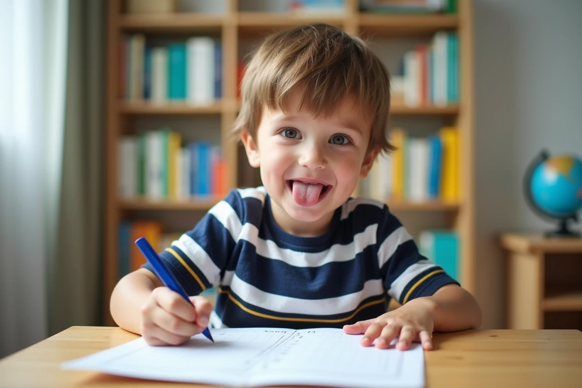 Garçon de CE1 concentré sur ses fiches de devoirs imprimées dans sa chambre