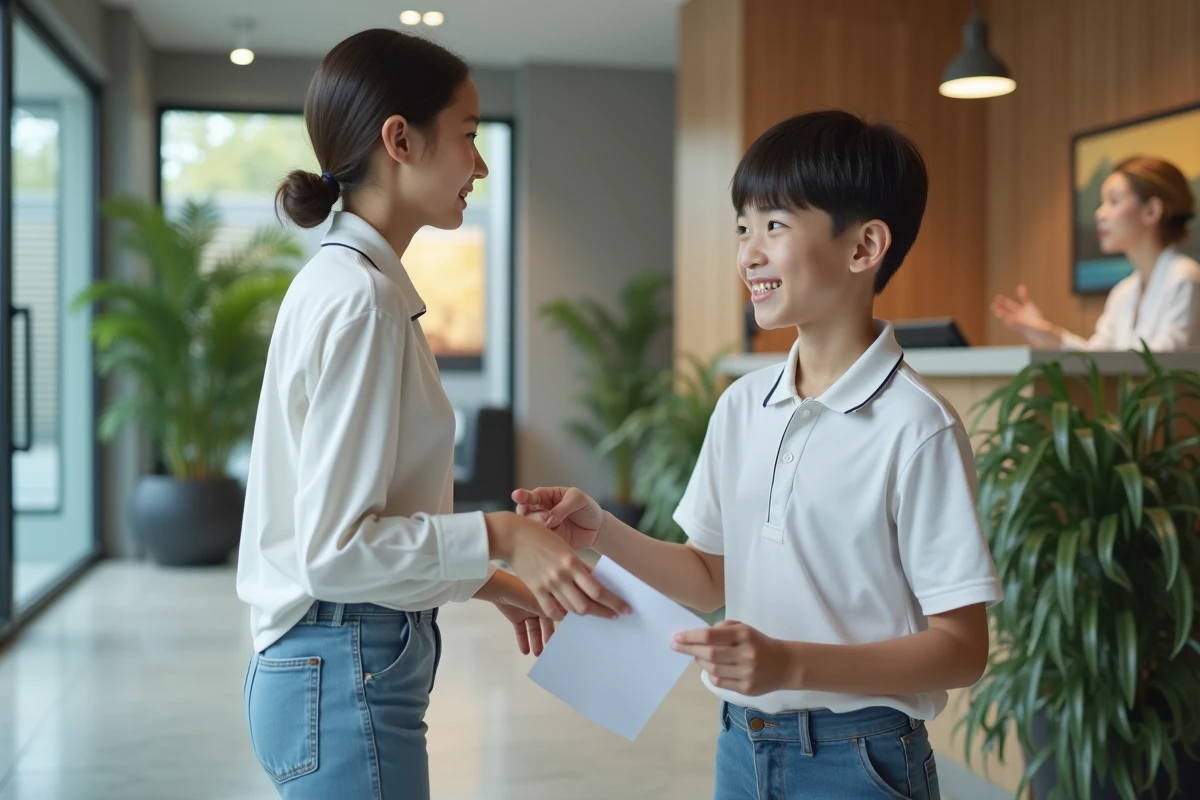 Garçon de 13 ans donnant une lettre à une réceptionniste moderne