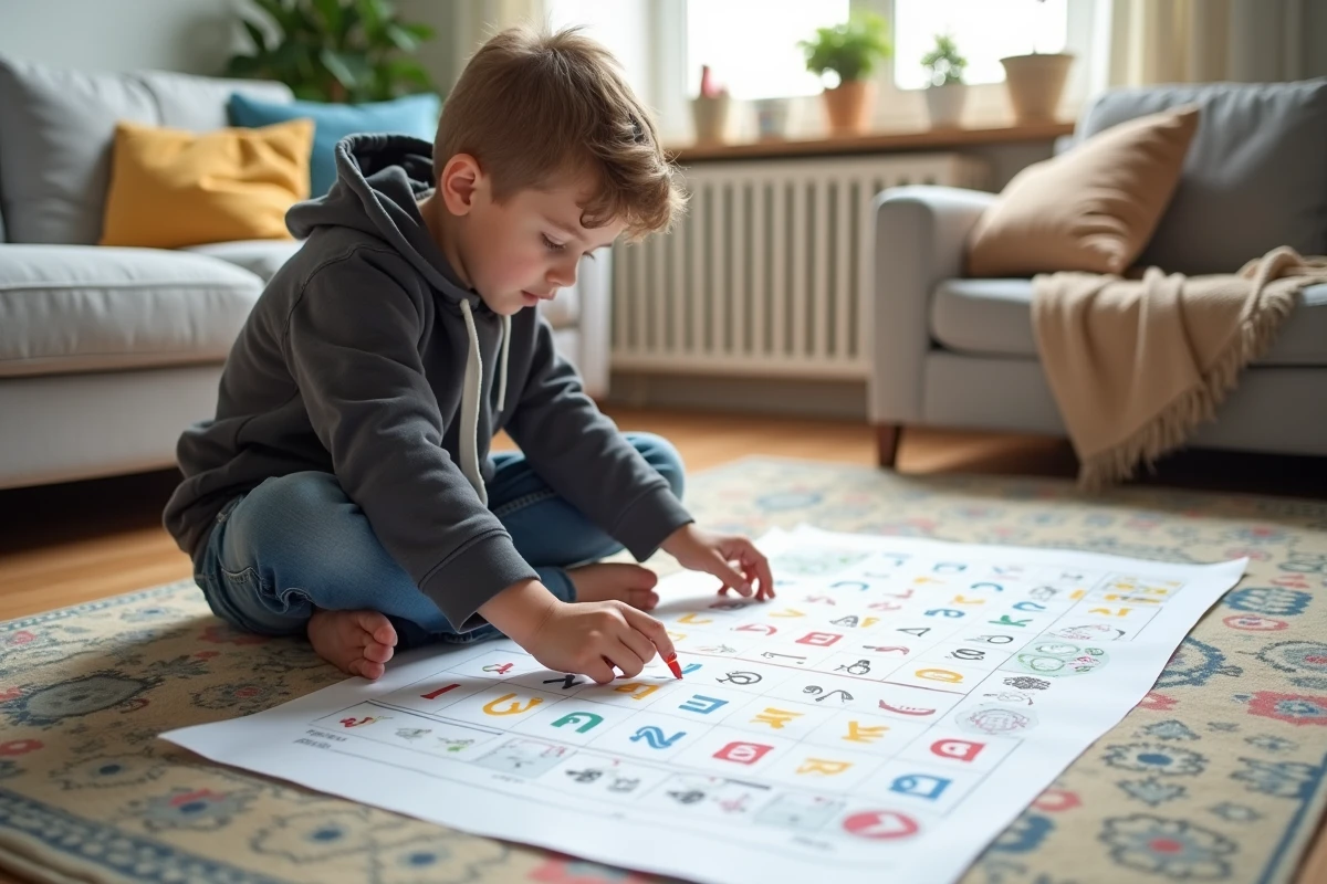 Jeune garçon trace des lettres arabes sur un poster éducatif