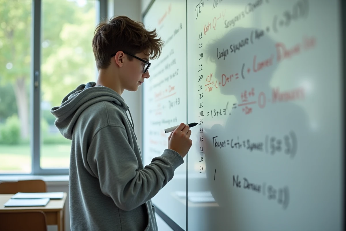 Garçon écrivant des calculs sur un tableau blanc