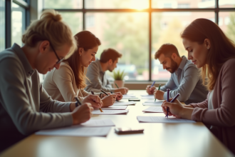 Groupe d'adultes inscrivant à un centre communautaire