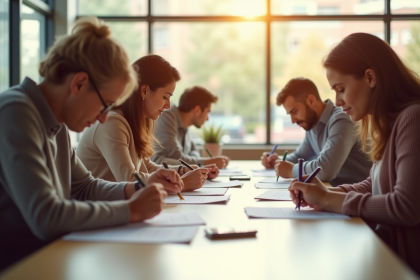 Groupe d'adultes inscrivant à un centre communautaire