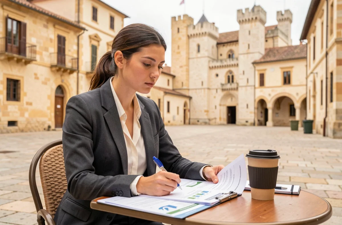 Alternante étudiant ses cours à une terrasse de café à Avignon en Vaucluse avec le Palais des Papes en arrière-plan