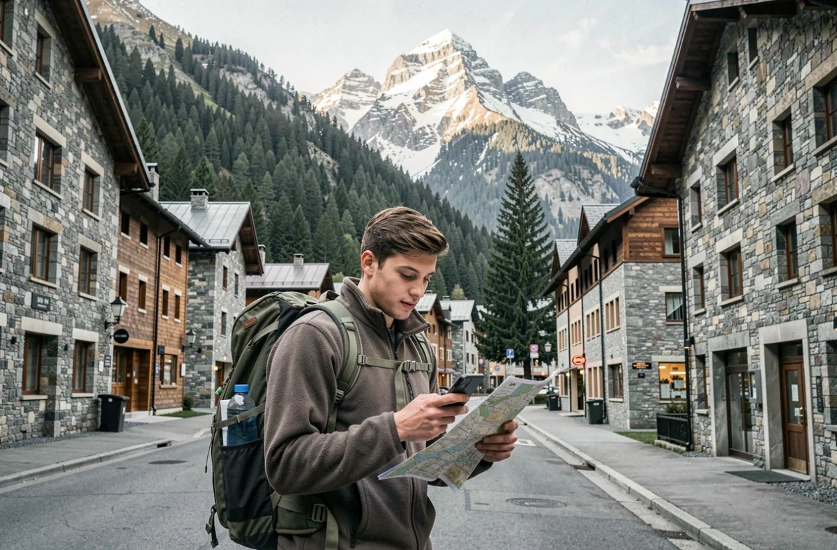 Étudiant en alternance dans une ville alpine de Gap avec les massifs des Alpes du Sud en arrière-plan
