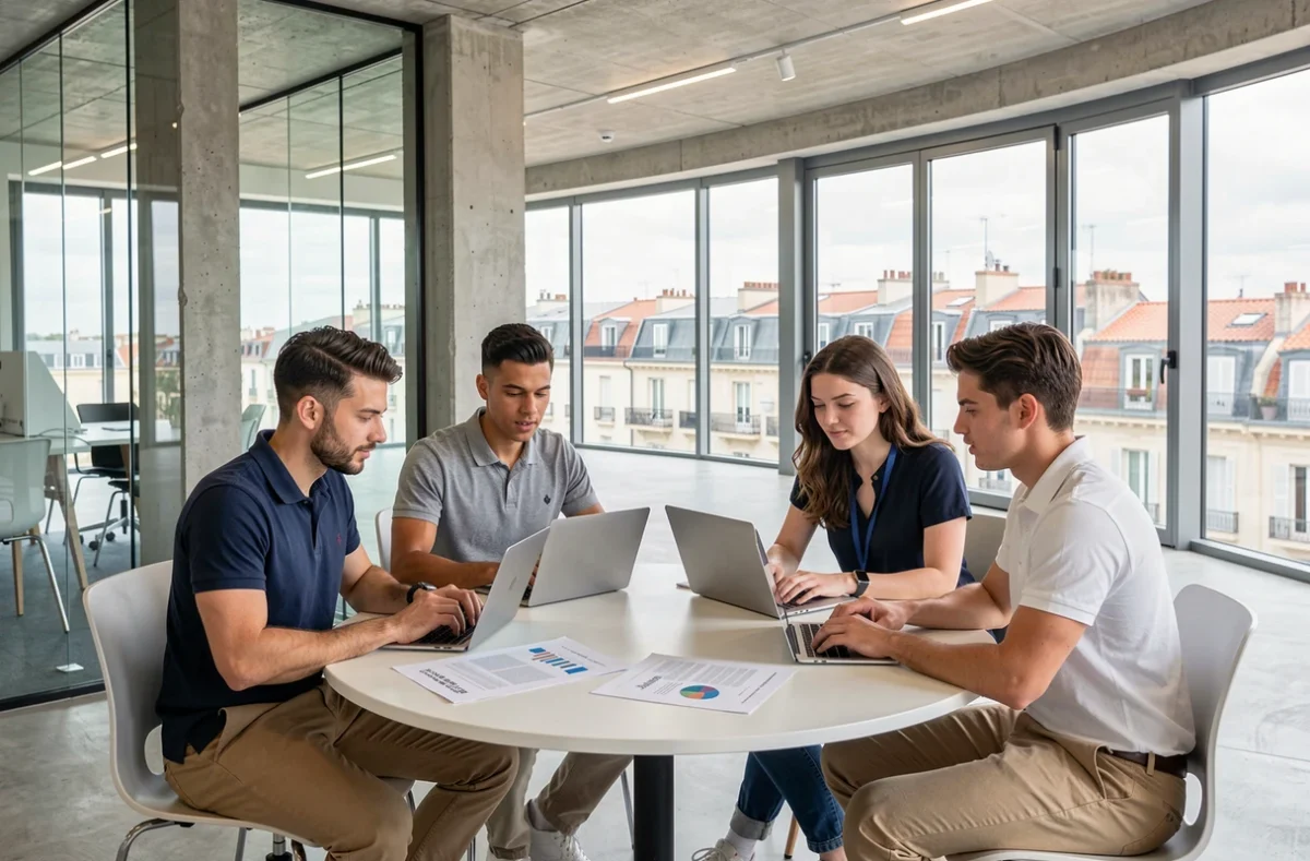 Groupe d'étudiants en gestion et commerce collaborant dans un campus moderne à Marseille