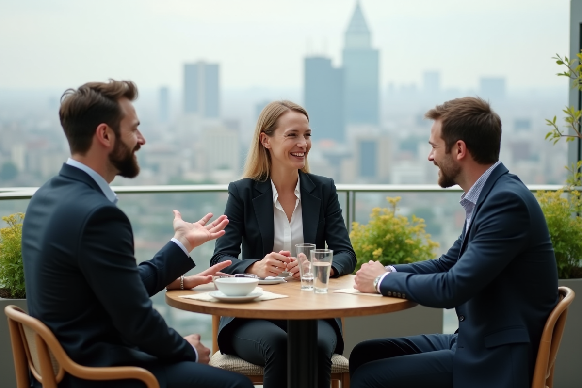 Groupe de trois personnes discutant sur une terrasse urbaine