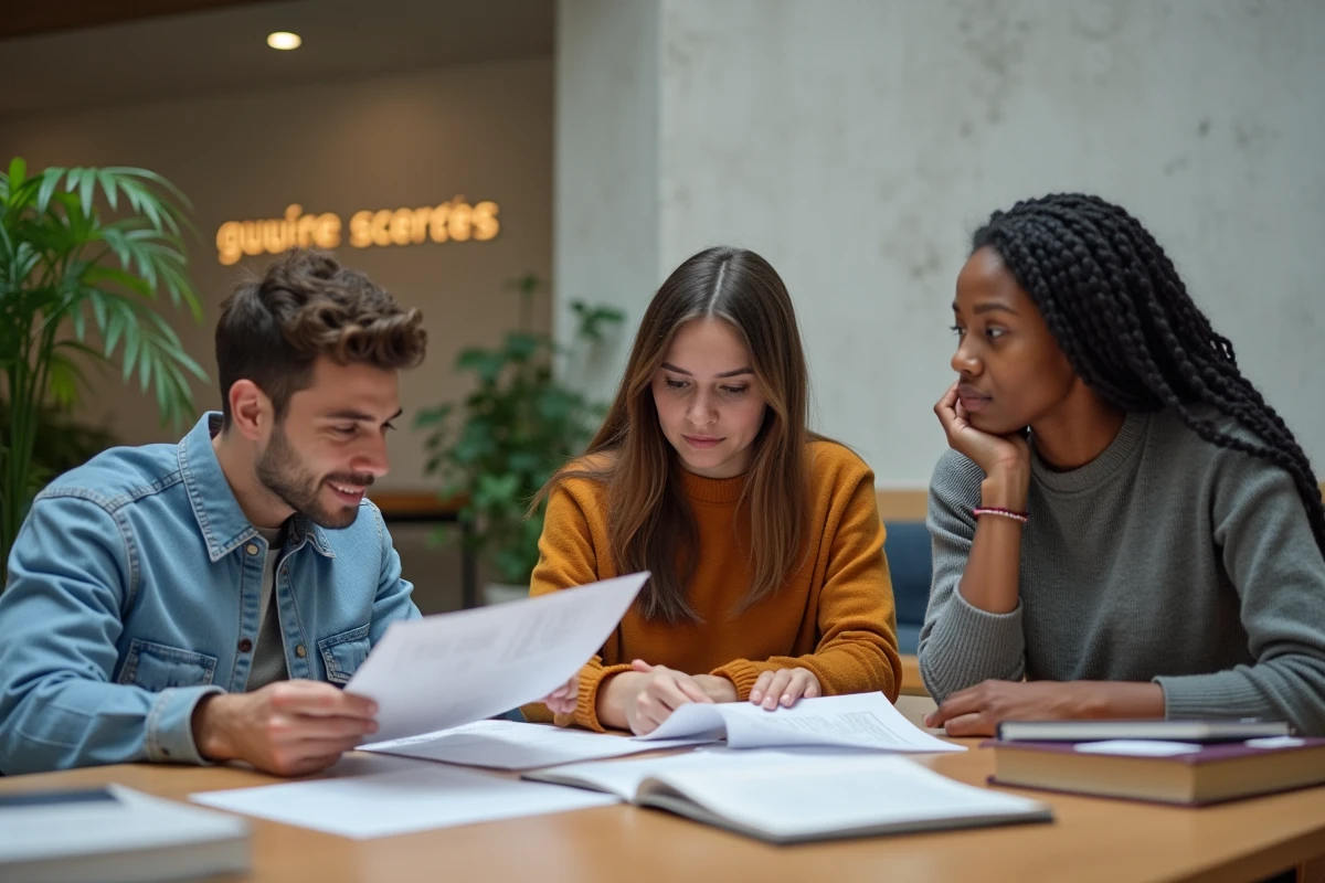 Groupe d'étudiants en école de commerce à Paris préparant ensemble leurs dossiers de candidature en alternance marketing digital