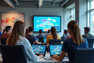 Groupe d'étudiants en art dans un laboratoire numérique moderne