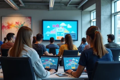 Groupe d'étudiants en art dans un laboratoire numérique moderne