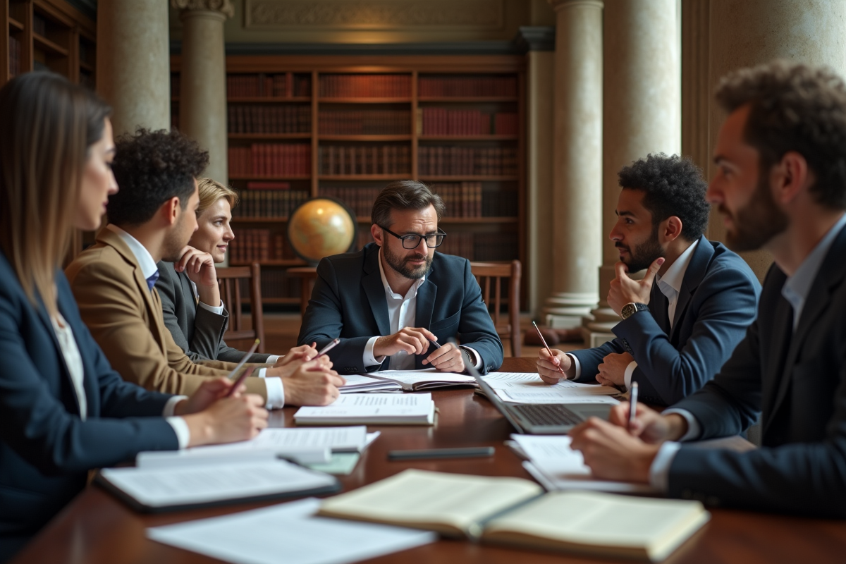 Groupe d etudiants en droit en discussion dans une bibliothèque