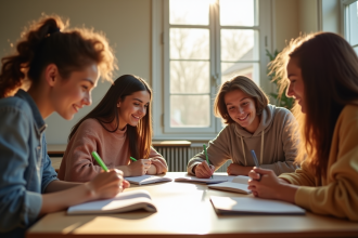 Groupe de jeunes apprenant le français en groupe