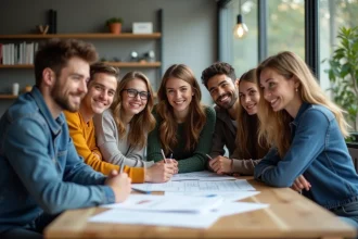 Groupe de jeunes en classe avec plans et outils de construction