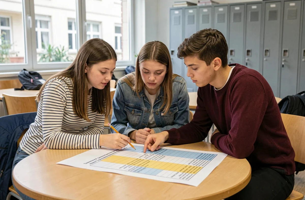 Groupe de lycéens STMG collaborant autour d'un tableau de caractérisation imprimé dans l'espace commun de leur lycée