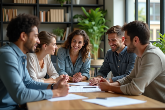 Groupe de jeunes professionnels en réunion dans un bureau moderne