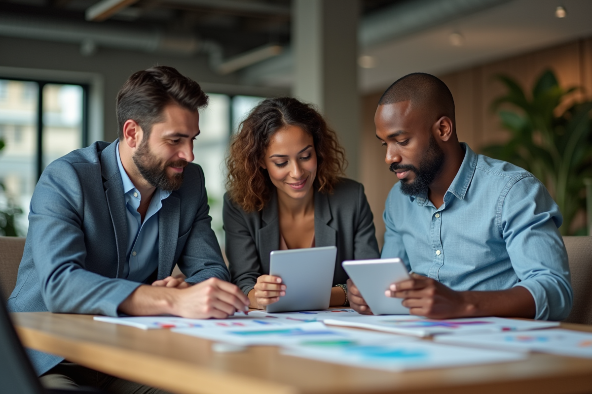 Groupe de professionnels collaborant autour de tableaux colorés