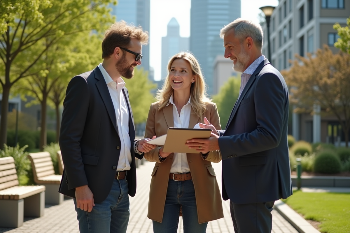 Groupe diversifié discutant dans un parc urbain ensoleille