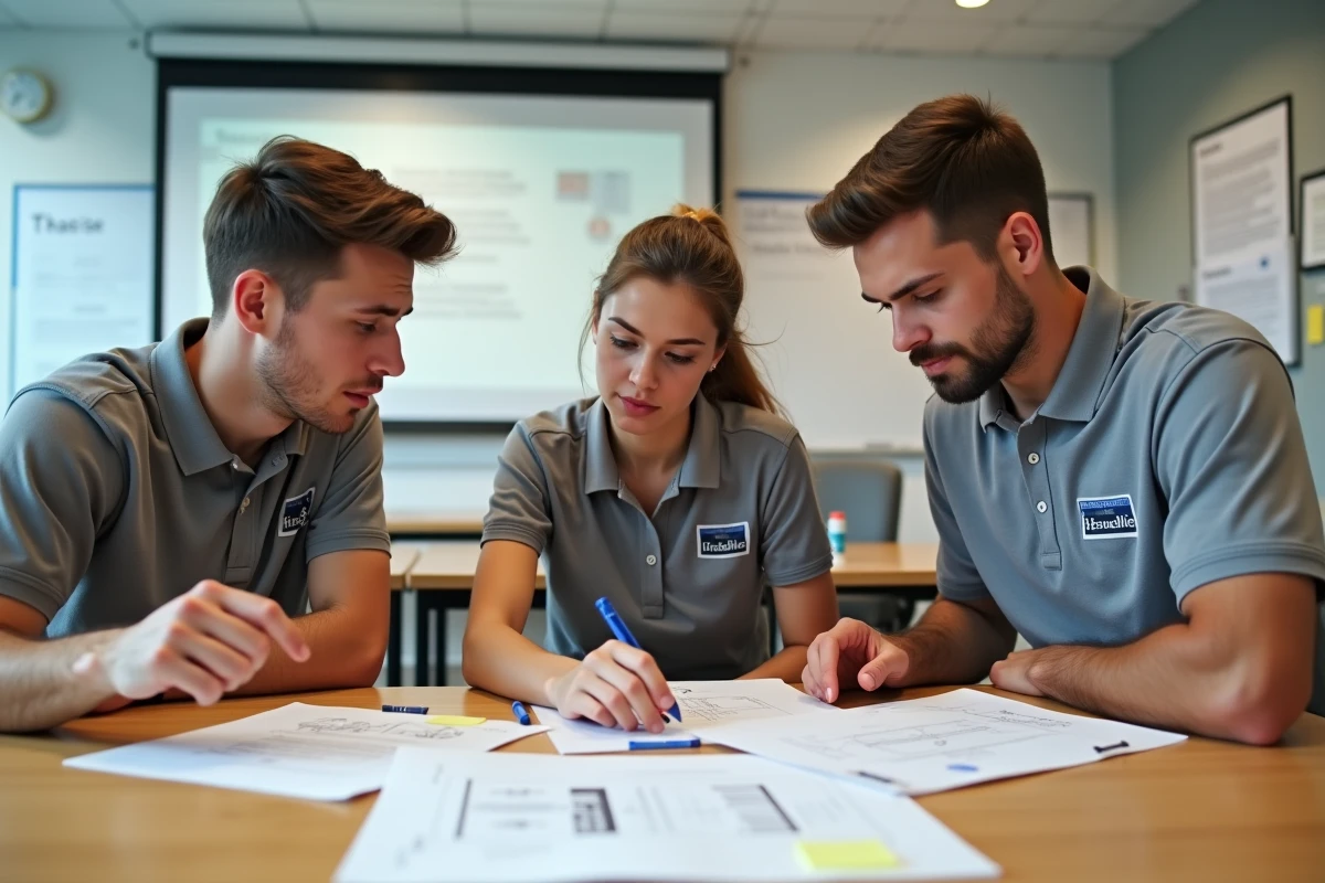 Groupe de stagiaires en formation Habilec étudiant un manuel de certification électrique en salle de cours
