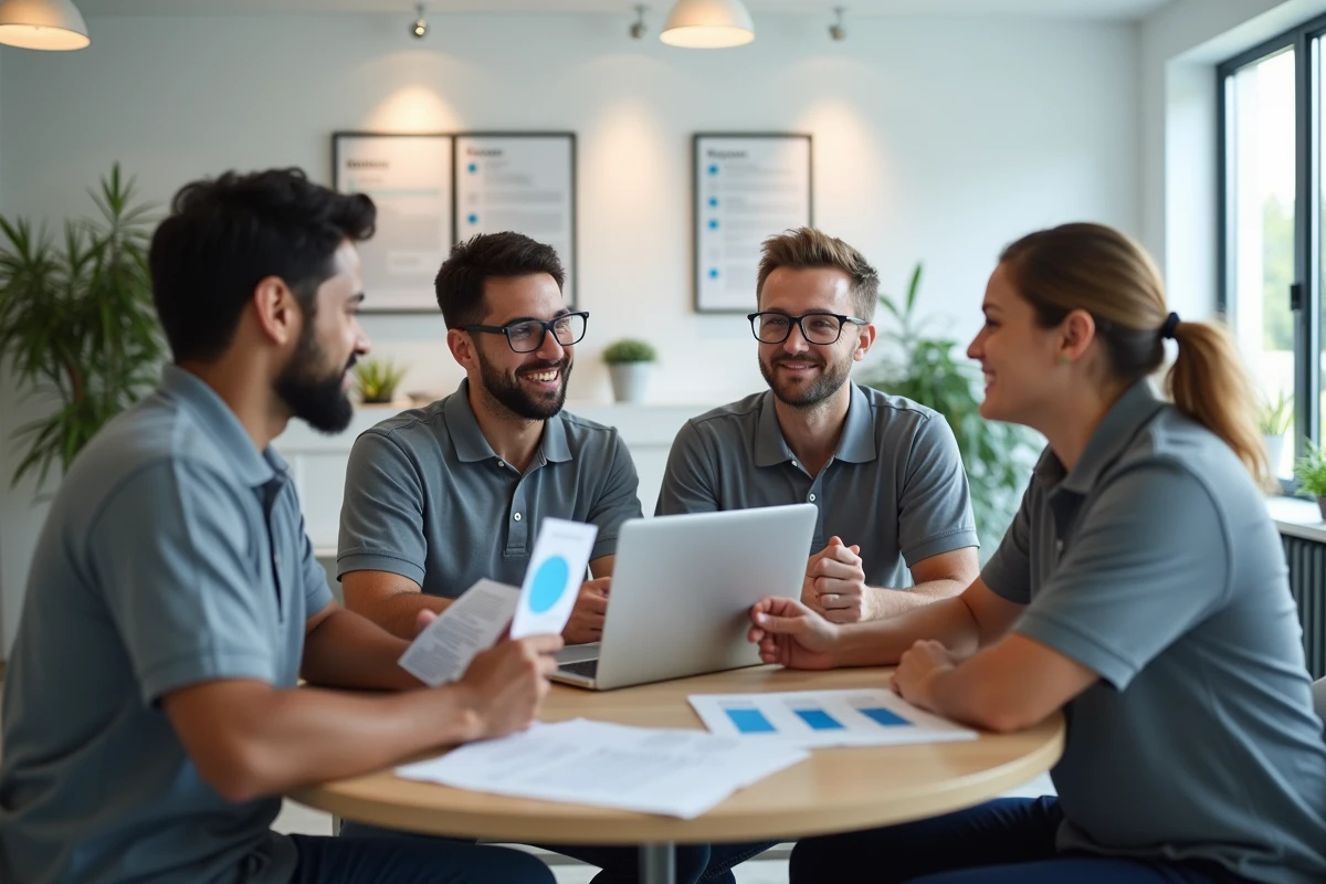 Groupe de stagiaires adultes consultant des brochures de tarifs de formation en travaux autour d'une table dans un centre de formation professionnel moderne
