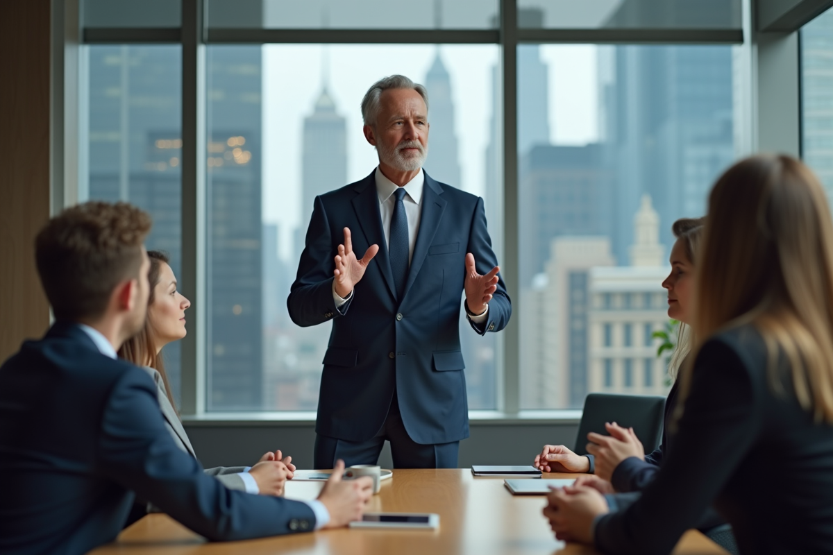 Homme d'affaires en costume navy lors d'une réunion moderne