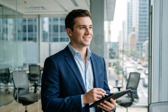 Jeune homme d'affaires en costume navy dans un bureau moderne