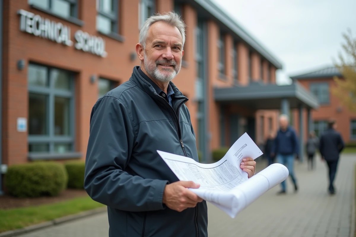 Homme avec plans de construction devant école technique