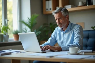 Homme d'âge moyen face à un ordinateur avec erreur