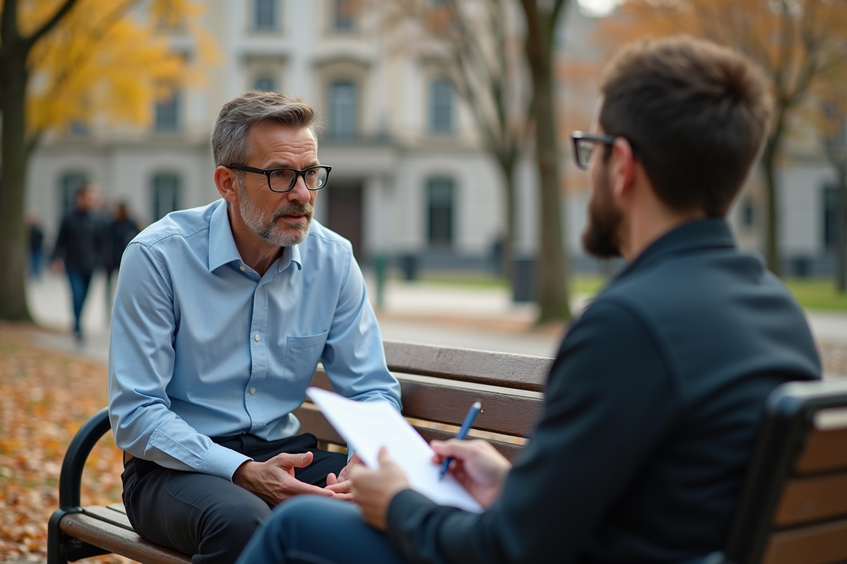Homme en discussion avec un coach dans un parc en automne