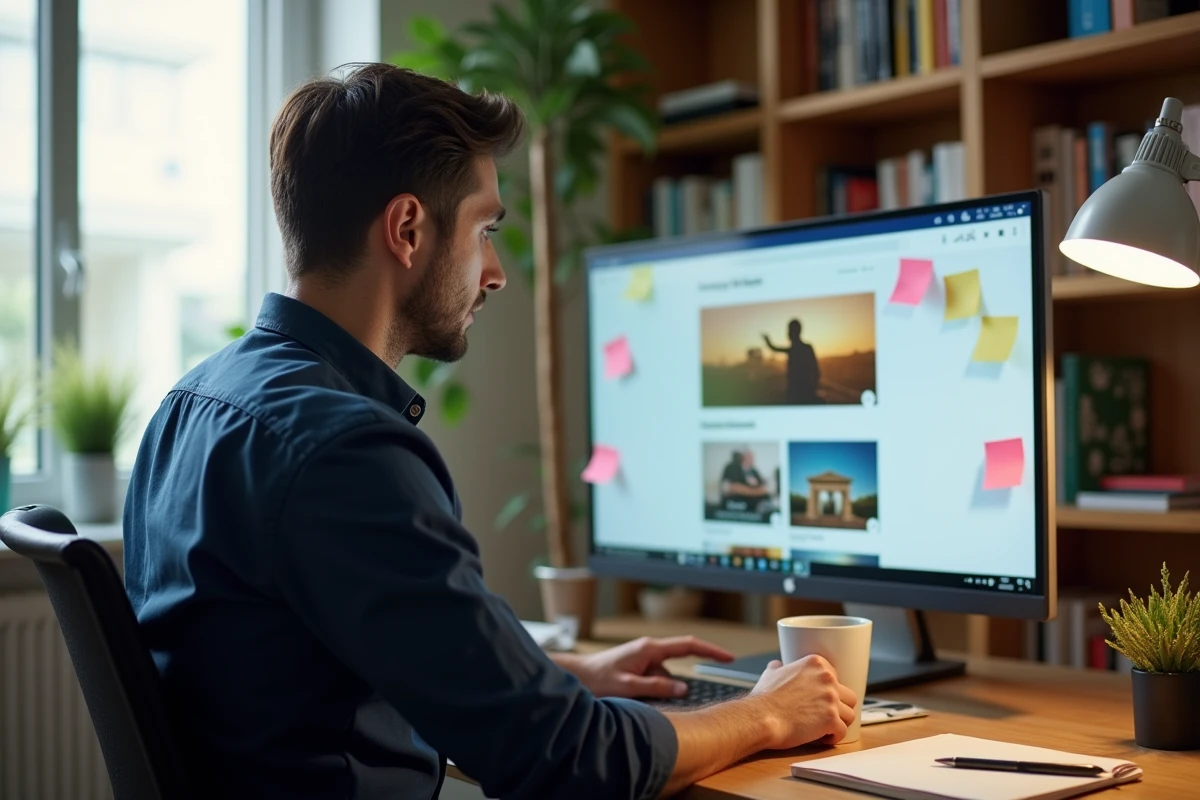 Homme en formation Canva à domicile commettant des erreurs de design sur un grand écran dans un bureau à domicile encombré