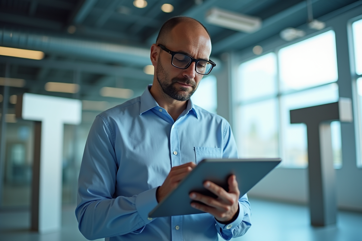 Homme professionnel utilisant une tablette dans un espace hightech