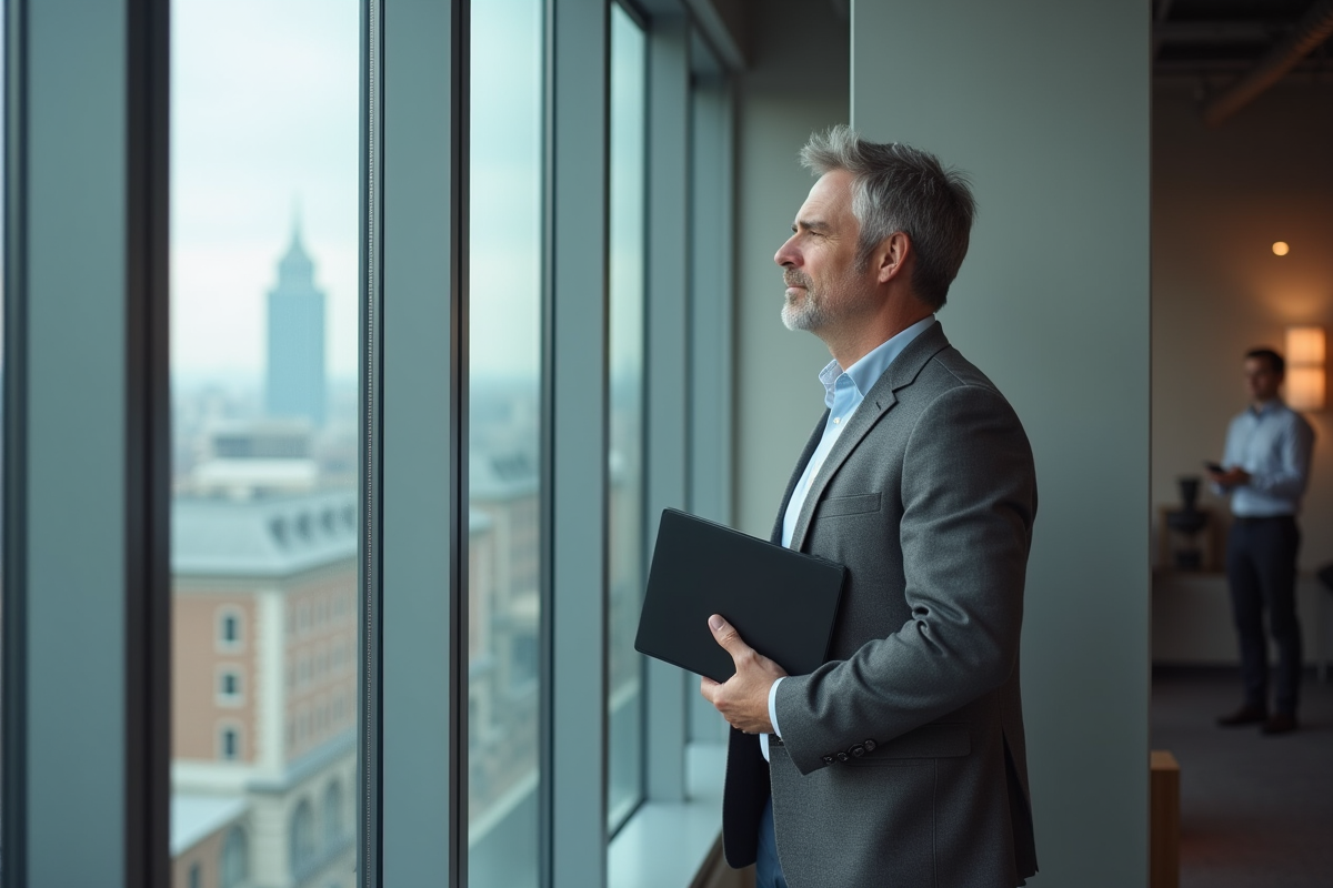 Homme regardant la ville depuis une fenêtre de bureau