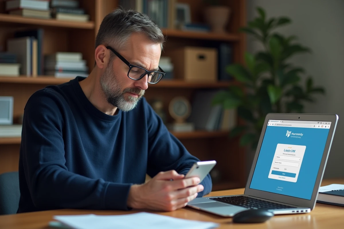 Homme d age avec smartphone dans son bureau à domicile
