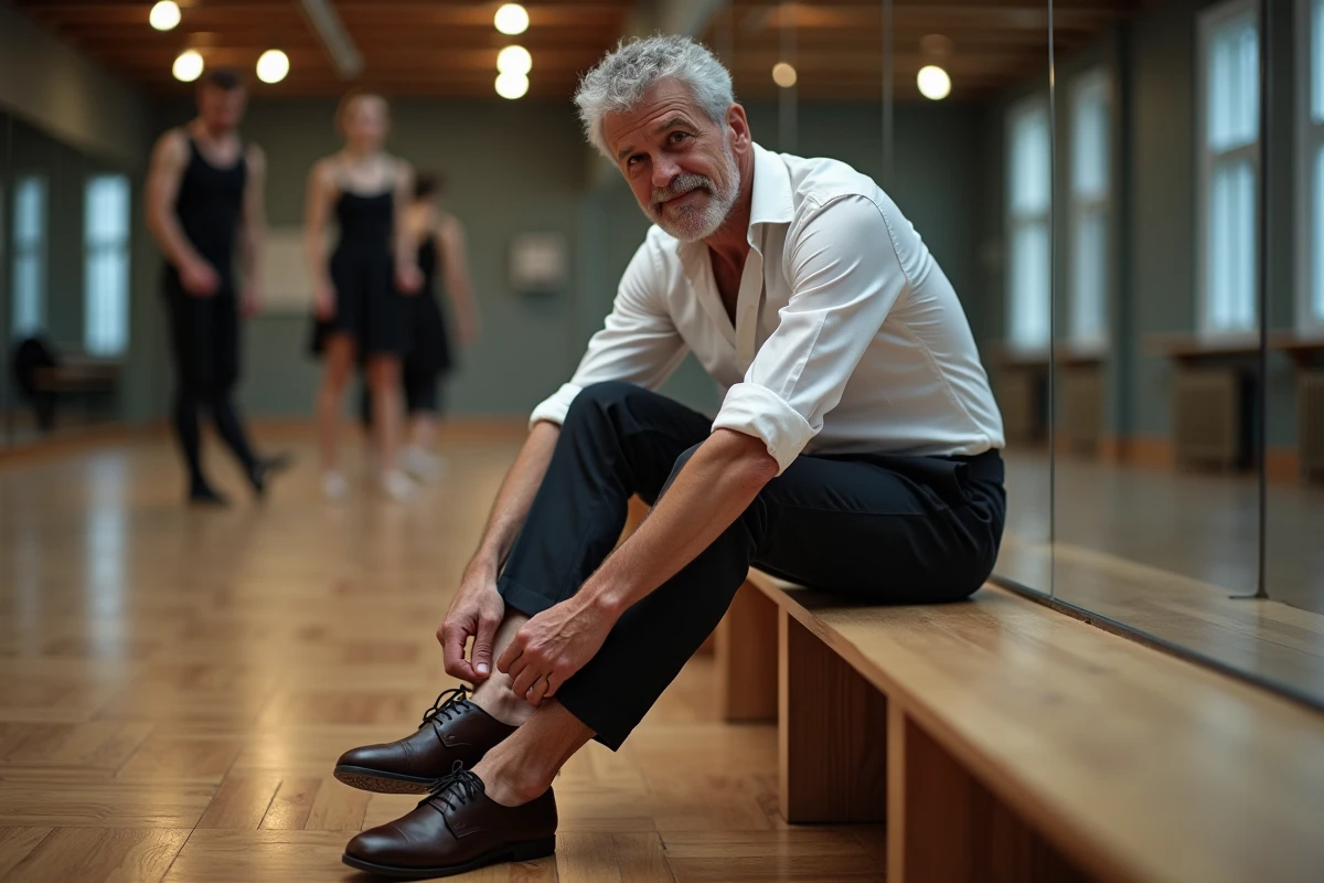 Homme de 50 ans laçant ses chaussures de danse avant un cours de Madison dans un studio de danse avec miroirs