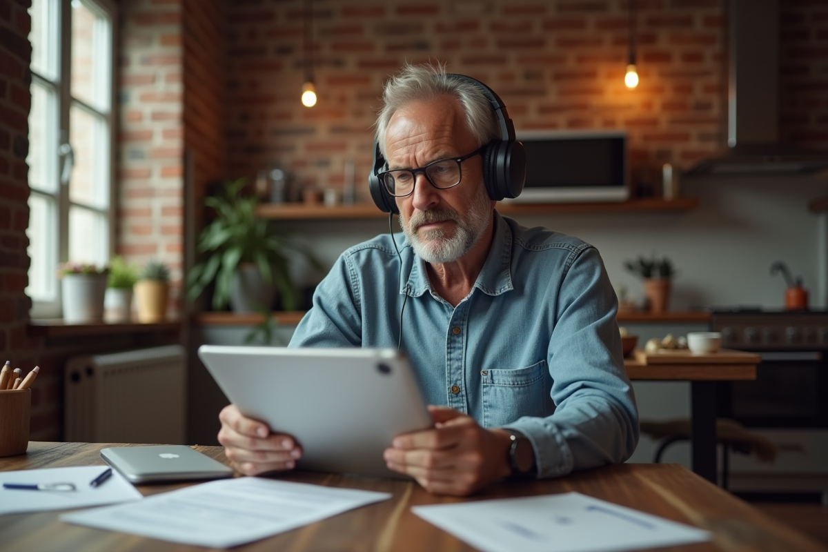 Homme en visioconference dans un appartement chaleureux